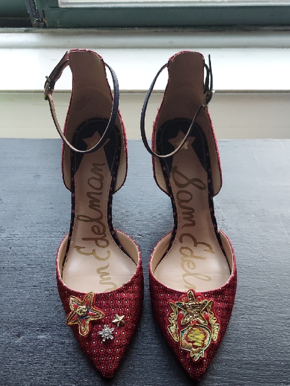 Sam Edelman Size 9.5 Womens Red Embellished Pointed Toe Ankle Strap Heels